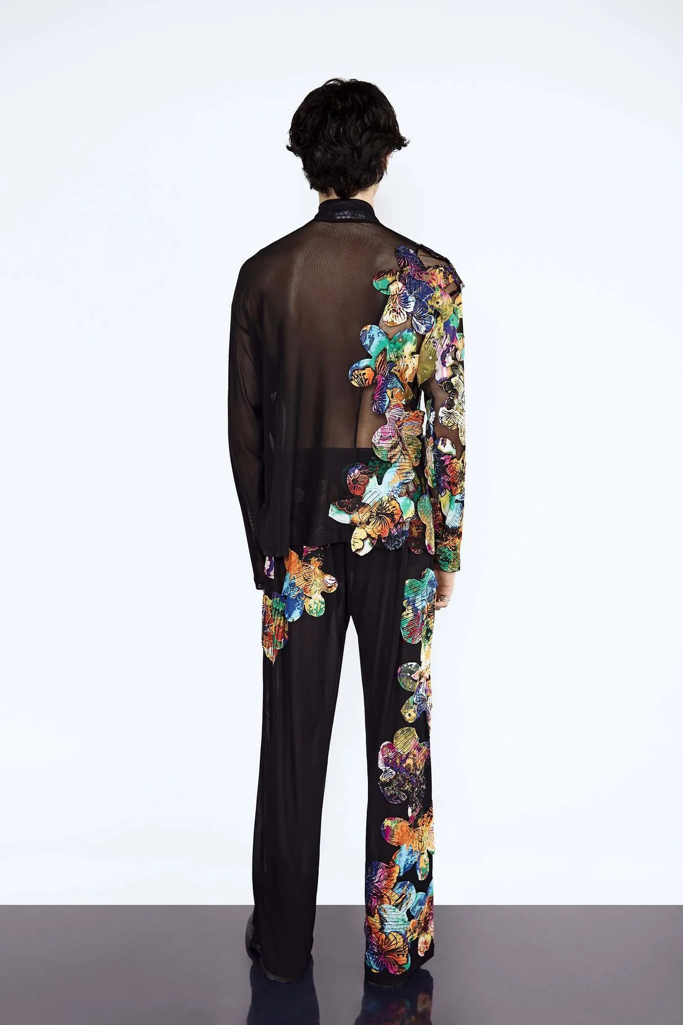 Black Sheer Mesh With Multi-Colour Flower Application Set