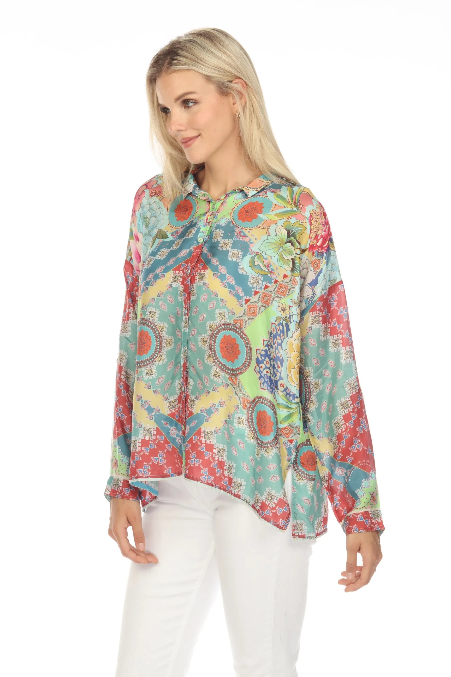 Johnny Was Prisma Seline Silk Floral Button-Down Blouse Boho Chic C19723