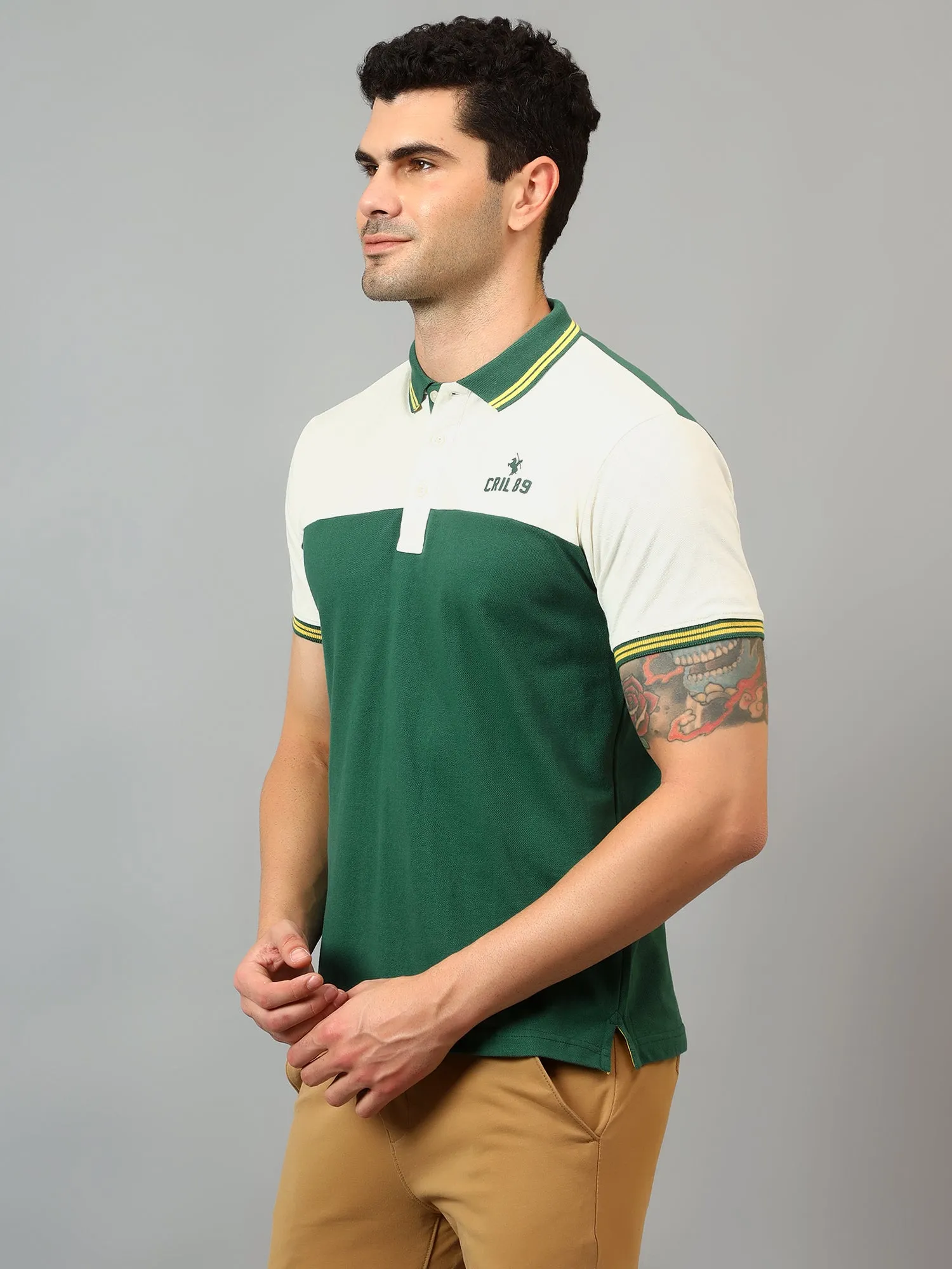 Men's Green Color block Polo neck Half Sleeve T-Shirt with cut and sew