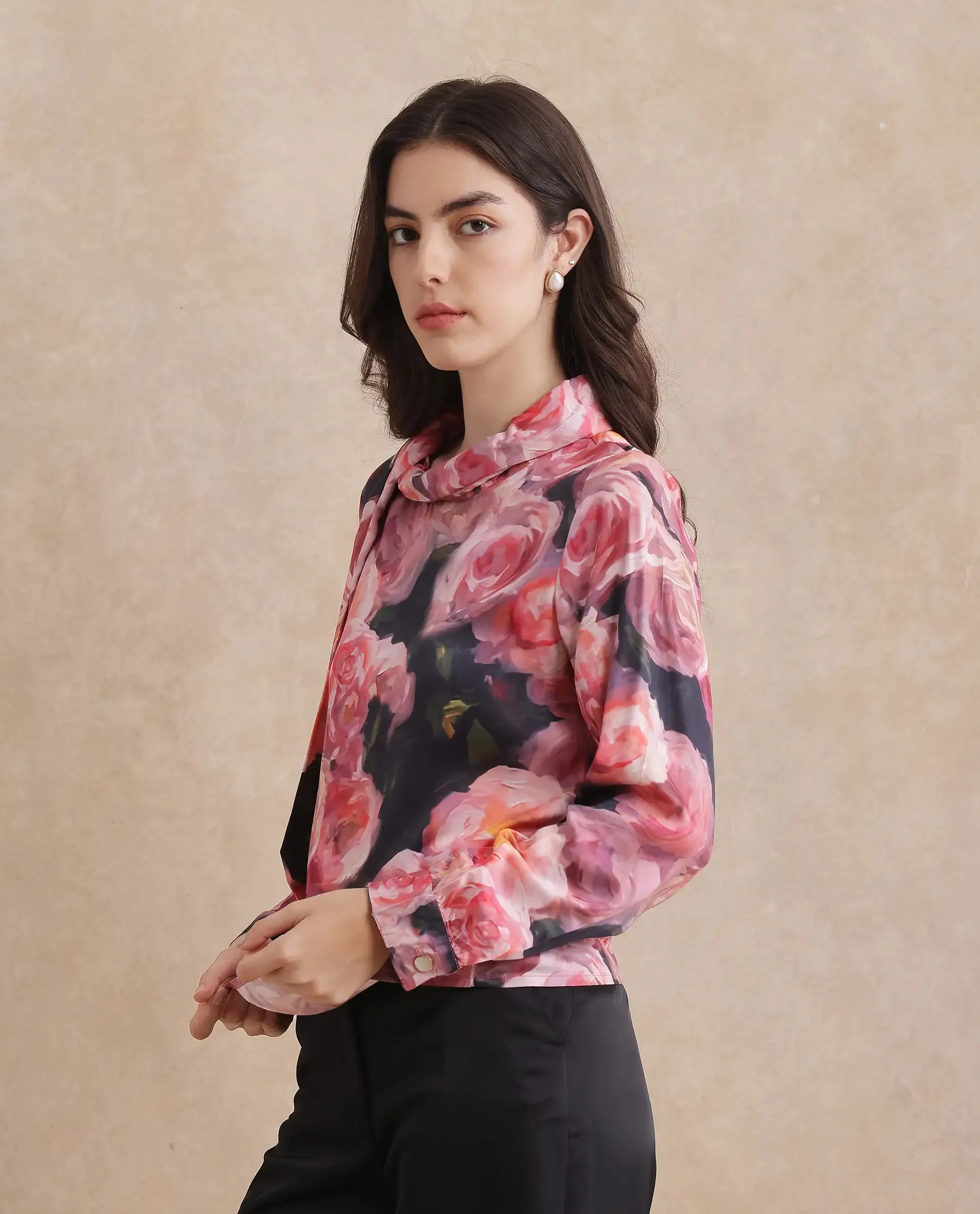Rareism Women Oudid Multi Cotton Modal Satin Fabric Cuffed Sleeve Cowl Neck Button Closure Floral Print Top