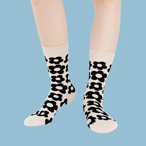 Womens Novelty Funny Crew Socks Girls Cute Floral Colorful Patterned Socks Silly Funky Casual Cotton Flower printed Socks Gift，5 Pack-sunflowers